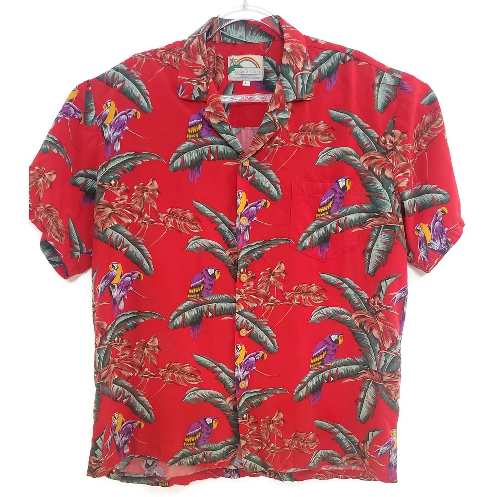 Paradise Found Shirt Mens Large Red Hawaiian‎ Parrot Rayon Camp Button Front USA